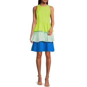 Green Multicolor Sleeveless Tiered A-Line Colorblock Ruffle Crew Neck Dress